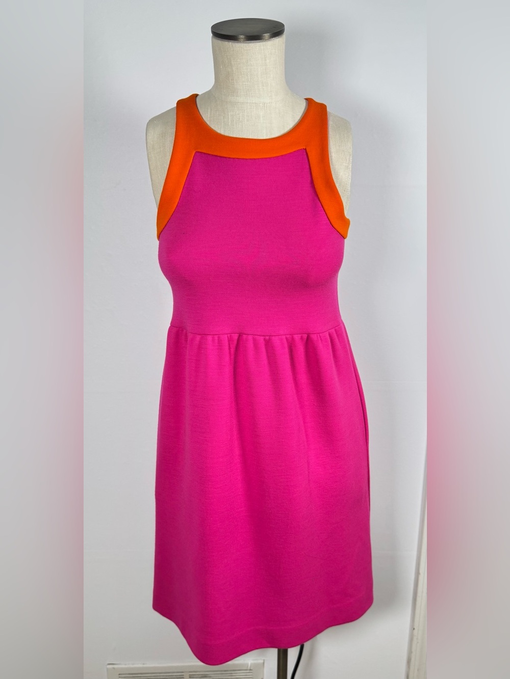 LISA PERRY Fuchsia Orange Trim Mod Heavy Knit Tank Dress With Pockets Sz 2